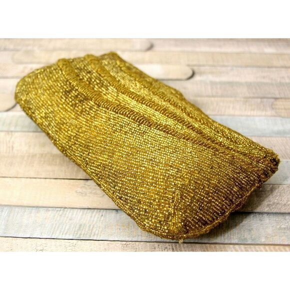 VINTAGE 60' 5.5"x 9.5" GOLD BEADWORK SILK ZIPPER TOP TASSEL WALLET PURSE CLUTCH - Picture 4 of 8